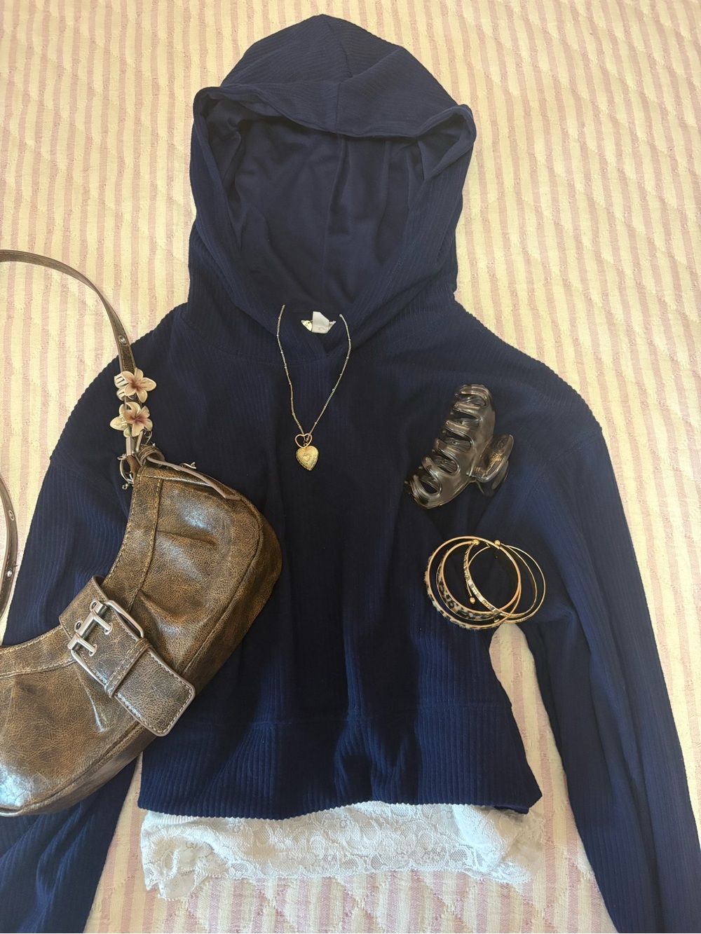 Garage Navy Blue Fine Ribbed Cropped Hoodie